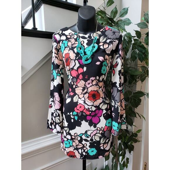Express Shift Dress Women Size 4 Multi Floral Lined Long Sleeve Keyhole Back Zip - Picture 1 of 12